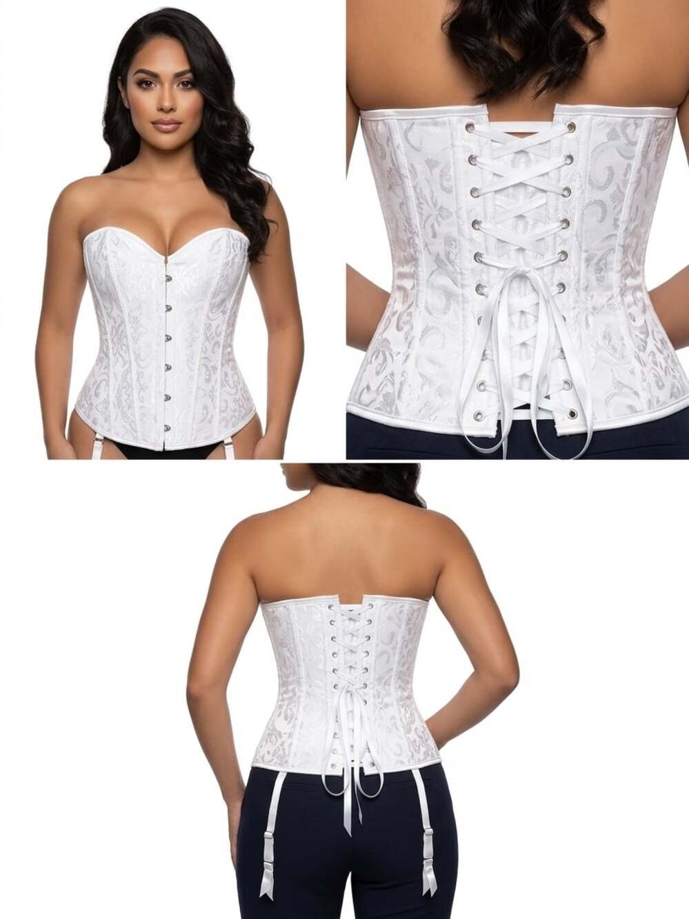 ADELCE White Floral Damask Lace-Up Corset with Garter Straps, Size XL